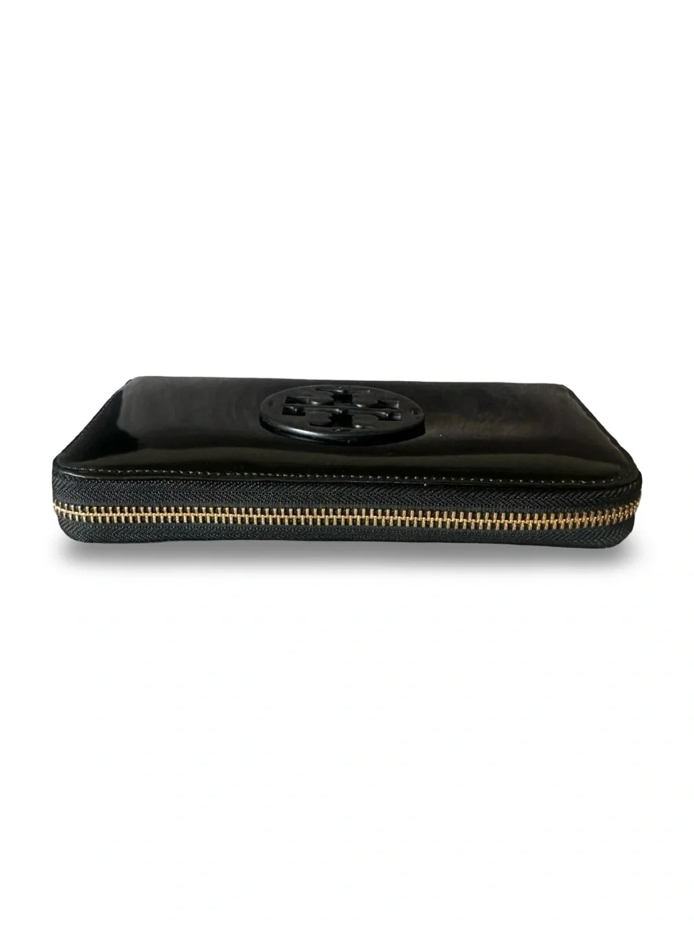 Tory Burch With Paper Work Black Patent Leather Zip Wallet